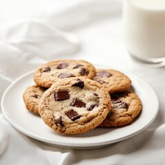 A freshly baked batch of chocolate chip cookies with gooey chocolate chunks, elegantly presented on a white plate, Cookies centered