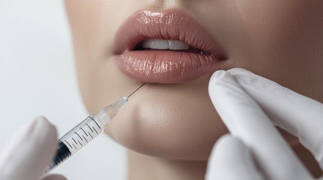 Close-up of Lip Injections with a Syringe