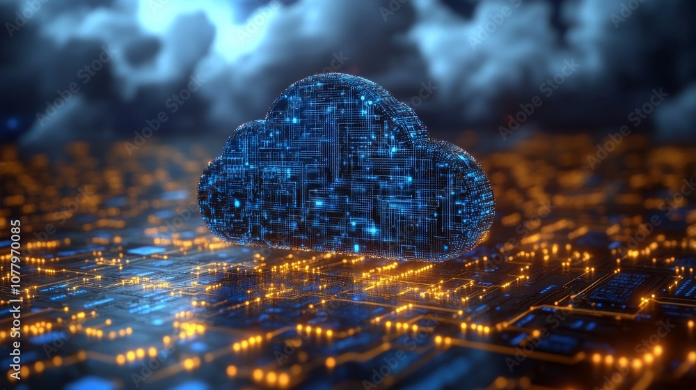 Poster digital cloud hovering over illuminated circuit