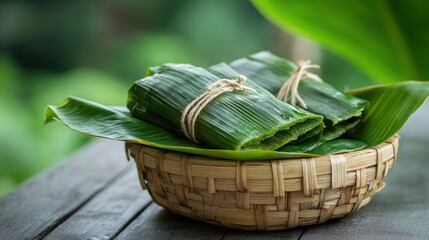 Indonesian galungan celebration minimalist flat lay with traditional leaf-wrapped offerings