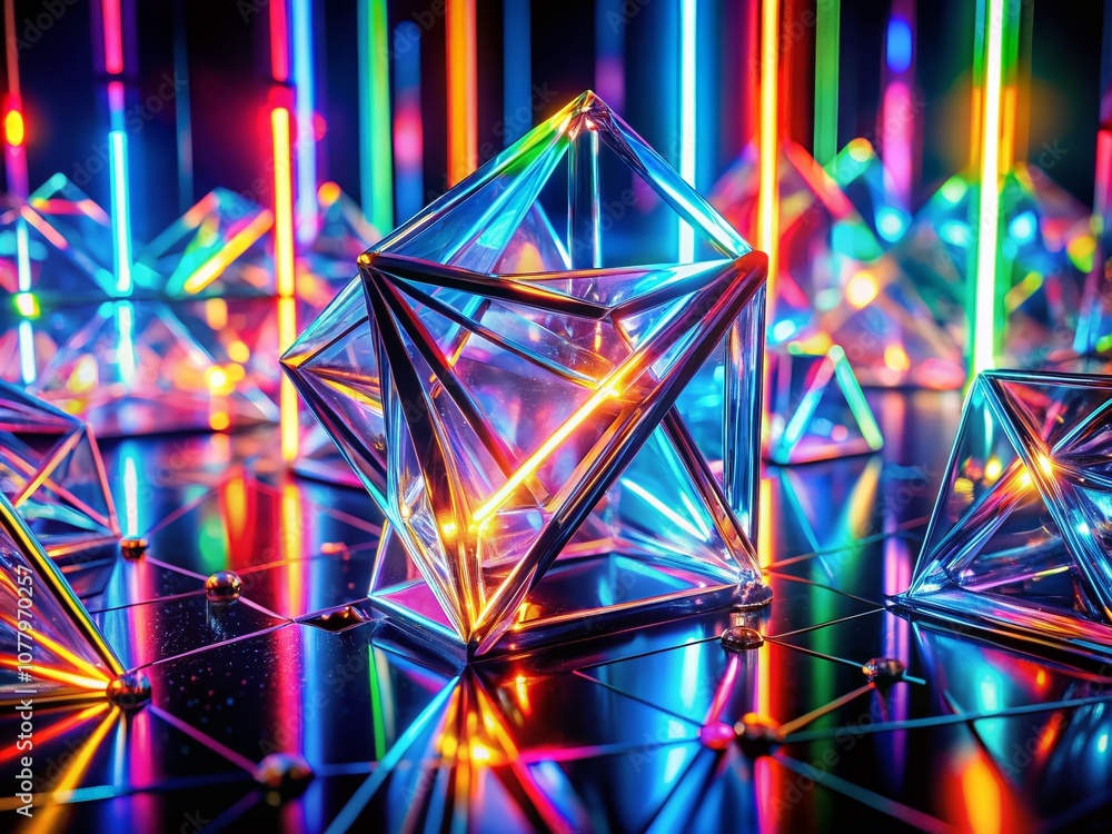 Poster mesmerizing crystalline structures of neon beams creating stunning prismatic reflections in a futuri
