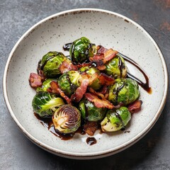 A gourmet plate of roasted Brussels sprouts with a balsamic glaze and crispy bacon, served on a modern ceramic dish, Brussels sprouts centered
