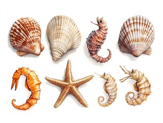Obraz premium Watercolor illustration of seashells, starfish, and seahorses on a white background.