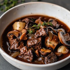 A hearty and flavorful beef bourguignon with tender beef, mushrooms, and onions in a rich red wine sauce