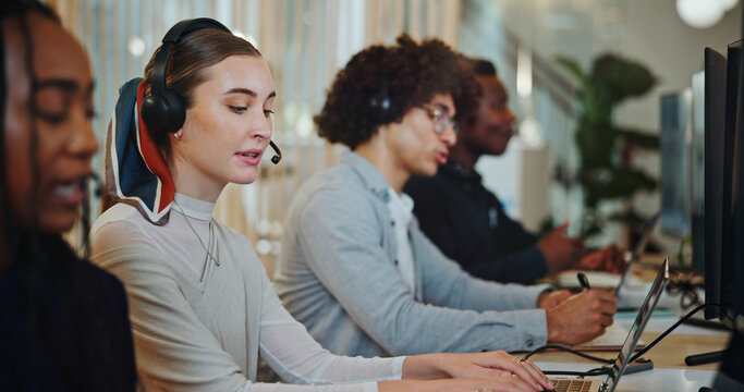 Consultant, call center and agent with woman in office for customer service, order processing or contact us. Ecommerce help desk, communication and sales with people in crm agency for billing inquiry