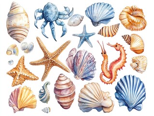Obraz premium Watercolor illustration of various seashells, starfish, seahorse and crab on white background.