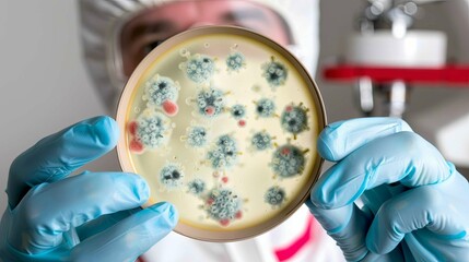 Medical professional in protective gear examines avian flu virus cells under microscope, focusing on virus study and scientific research.