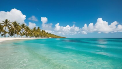 Fototapeta premium Panorama of idyllic tropical beach with palm trees, white sand and turquoise blue water. Empty summer holidays background. advertising, paradise vacation. Panoramic empty