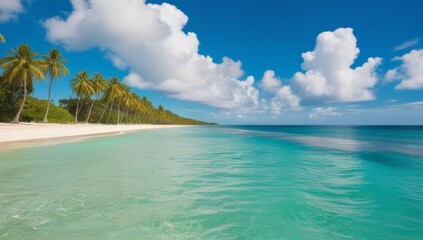 Fototapeta premium Panorama of idyllic tropical beach with palm trees, white sand and turquoise blue water. Empty summer holidays background. advertising, paradise vacation. Panoramic empty