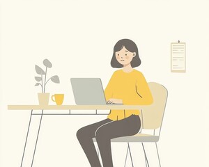 Asian woman with short hair, light yellow shirt, relaxed pose, using laptop on a shared office table