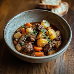 A hearty bowl of beef stew with carrots, potatoes, and herbs