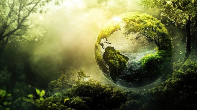 A globe covered in lush greenery sits in a forest with a sunbeam shining through the trees, symbolizing environmental protection and sustainability.
