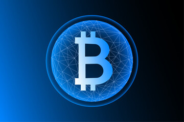 Bitcoin vector illustration on light blue background with polygonal mesh. Cryptocurrency in futuristic technology style.