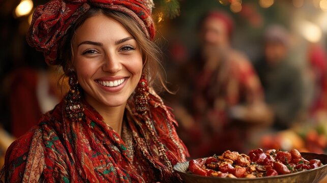 Joyful kosovar couple embracing spring with traditional flija outdoors