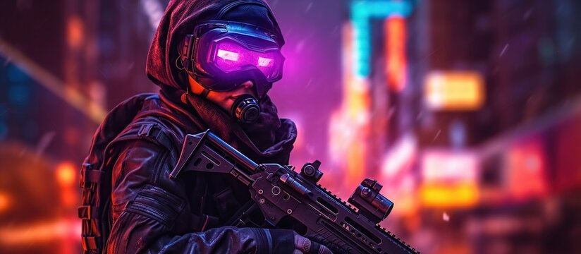 Futuristic Soldier in Urban Environment with Neon Lights and Tactical Gear, Ready for Action During a Nighttime Mission in a Cyberpunk City Landscape - Powered by Adobe
