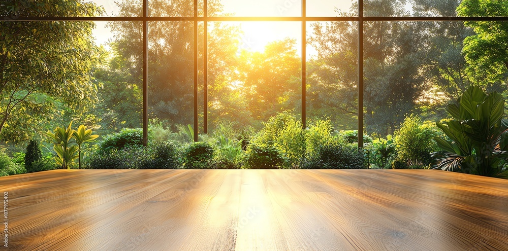 Aufkleber wooden table surface in front of a large window with a view of a lush green garden bathed in warm su