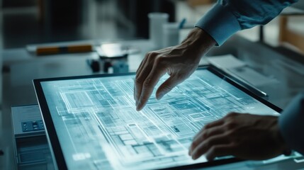 A person interacting with a digital touchscreen displaying complex data and graphics.