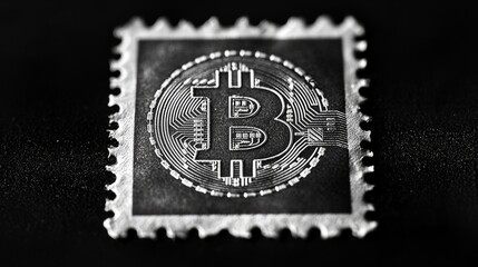 Obraz premium A close-up of a stylized stamp featuring a Bitcoin design, highlighting cryptocurrency relevance and digital currency art