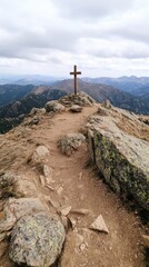 Fototapeta premium Majestic mountain range with rustic wooden cross, inspiring scenic landscape for nature inspiration