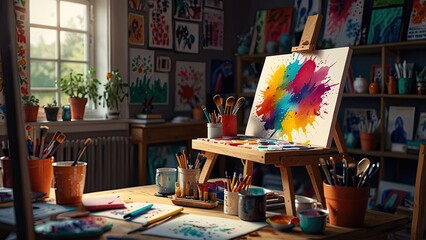 A vibrant digital art studio filled with colorful canvases, brushes, and an artist's palette, showcasing a creative workspace on a bright