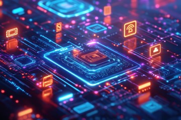 Obraz premium A glowing computer chip surrounded by circuit boards and colorful icons.