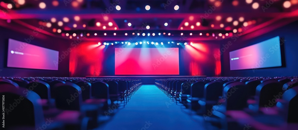 Poster empty auditorium with large screen and stage lights.