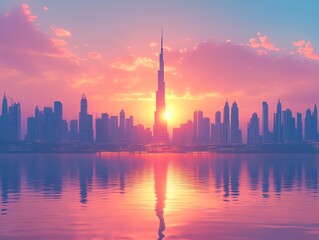 Obraz premium A beautiful sunset over the Dubai skyline with the Burj Khalifa in the center.