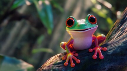 Fototapeta premium A green and red frog with large eyes sits on a branch in a rainforest, looking happy and playful.