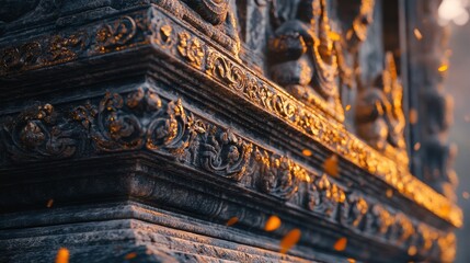 Intricate stone carvings of a Buddha stupa glisten in the sunlight with golden accents