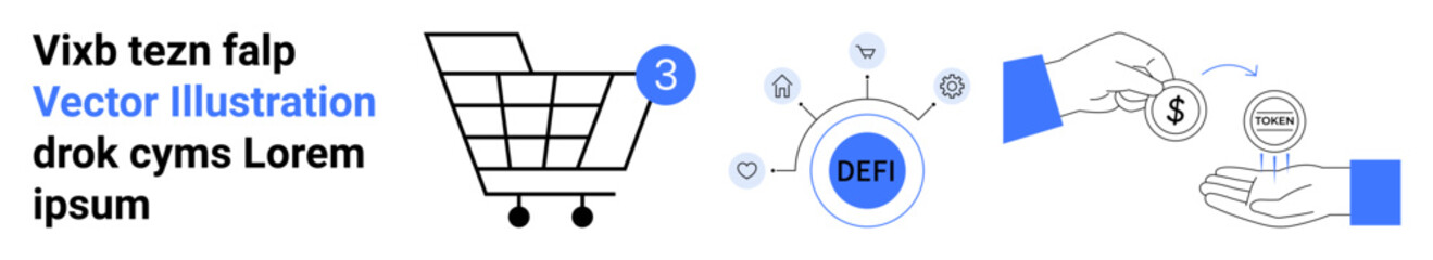 Shopping cart with notification, DeFi token and technology icons, and hand-to-hand money transfer. Ideal for e-commerce, DeFi, fintech, online payment, digital currency, investment, financial