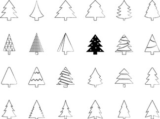 Christmas Tree simple line icons vector set. Christmas Tree with star thin line icons set. Linear fir, pine icon collection. New year holiday Simple contour xmas symbol isolated on white.