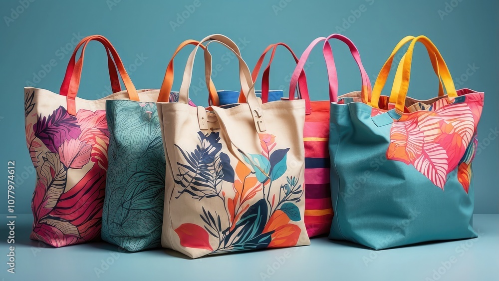 Aufkleber a vibrant mockup of assorted canvas tote bags in various patterns and colors, displayed from differe