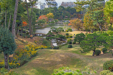 広島 縮景園 迎暉峰から望む庭園風景