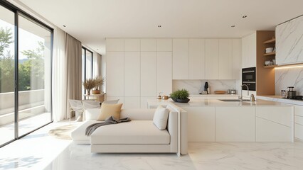 Fototapeta premium Minimalist and Elegant Kitchen with Wooden Accents and Marble Backsplash