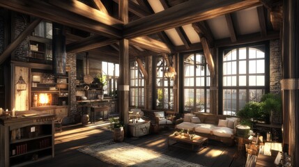 A spacious and inviting living room with large windows, a fireplace, and rustic wooden beams. The room is decorated in a warm and inviting style with comfortable furniture and natural light.