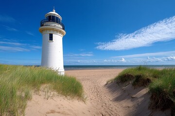 A vintage lighthouse on a beach, with sand dunes and tall grasses around it
