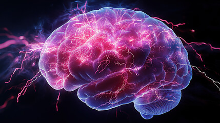 Obraz premium A detailed human brain with vibrant pink and purple electric sparks lighting up the neural network