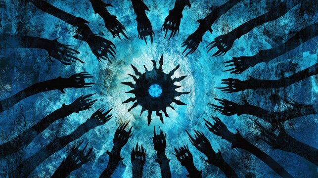 A circle of shadowy hands reach towards a glowing orb in a blue, abstract background.