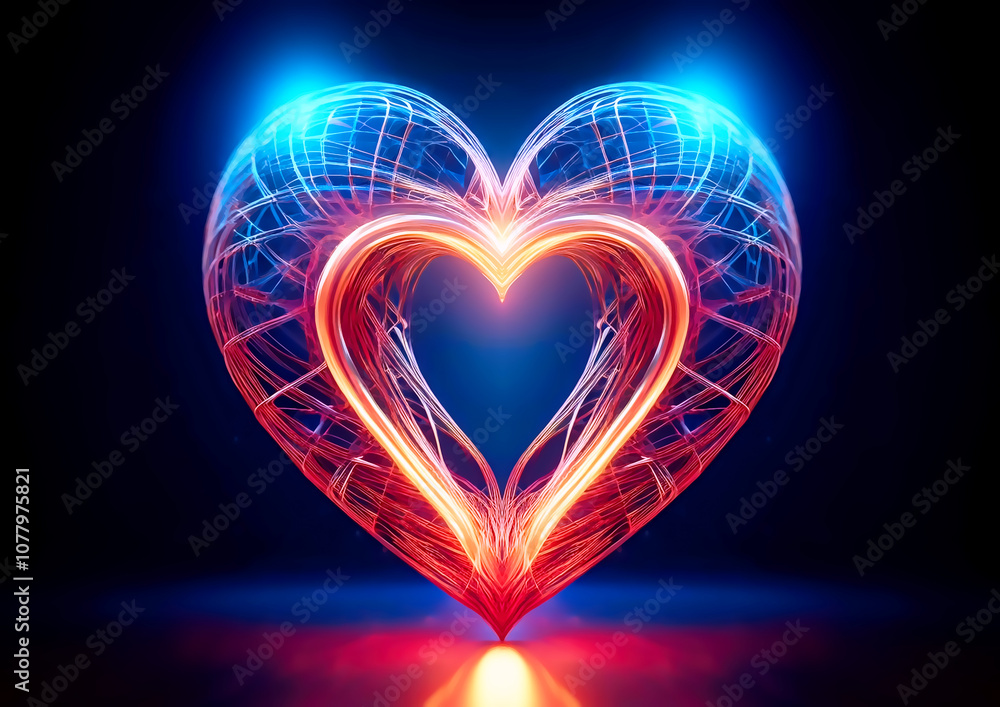 Poster glowing heart shape on dark background. 3d rendering toned image