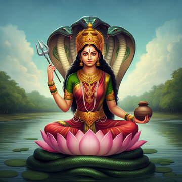 Goddess Manasa Devi with a cobra hood, seated on a lotus, symbolizing fertility, protection, and prosperity, deeply venerated in Hindu mythology