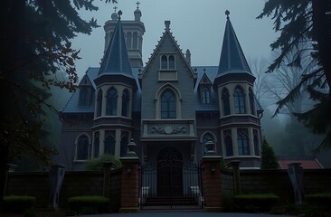 Fototapeta premium Mysterious Gothic Mansion in Fog,