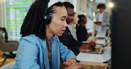 Woman, laptop and people in call center for telemarketing, customer support and lead generation. Agent, computer and consulting in coworking space for CRM, assistance and advice service at help desk