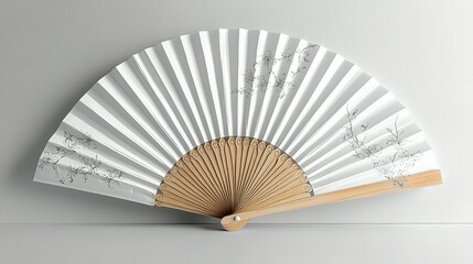 White Folding Fan with Black Floral Design and Wooden Handle