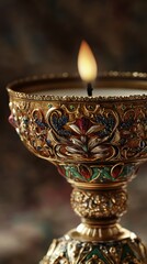 A lovely candle holder displays intricate artistry, cradling a flickering candle warmly