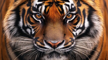 Obraz premium A close-up portrait of a tiger's face, showcasing its sharp, piercing gaze and distinct stripes.