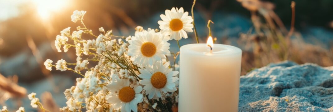 Minimalist flat lay of flowers and candle for brazilian cirio de nazare celebration