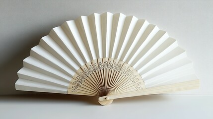 White Hand Fan with Wooden Handle and Intricate Detailing