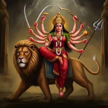 Goddess Durga riding a lion, holding weapons in her multiple arms, symbolizing power, bravery, and divine protection in Hindu mythology