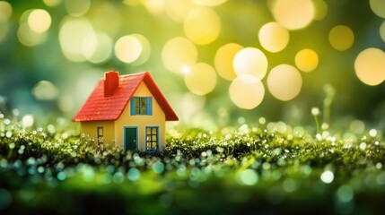 A small toy house sits on a bed of green moss with dew drops, with a blurred background of green and yellow bokeh lights.