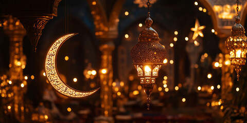 Fototapeta premium Ramadan Kareem background with crescent, Muslim Holy Month Ramadan Kareem - Ornamental Arabic Lantern With Burning Candle Glowing At Evening